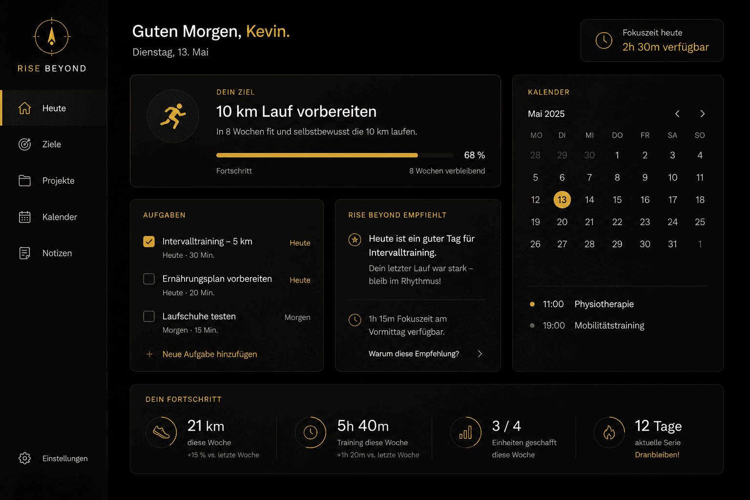 Personal-Dashboard: Ziel '10 km Lauf vorbereiten' mit Fortschritt, Aufgaben und Trainingsstatistik